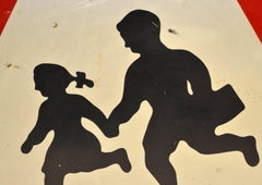 1970s Italian Black, Red and White Triangle Metal Street Sign Watch for Children