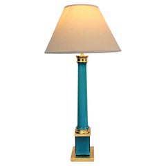 1970s Italian Blue Glass and Bronze Table Lamp