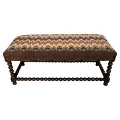 1970 Italian Bobbin Turned Wood and Retro Vintage Fabric Upholstery Bench