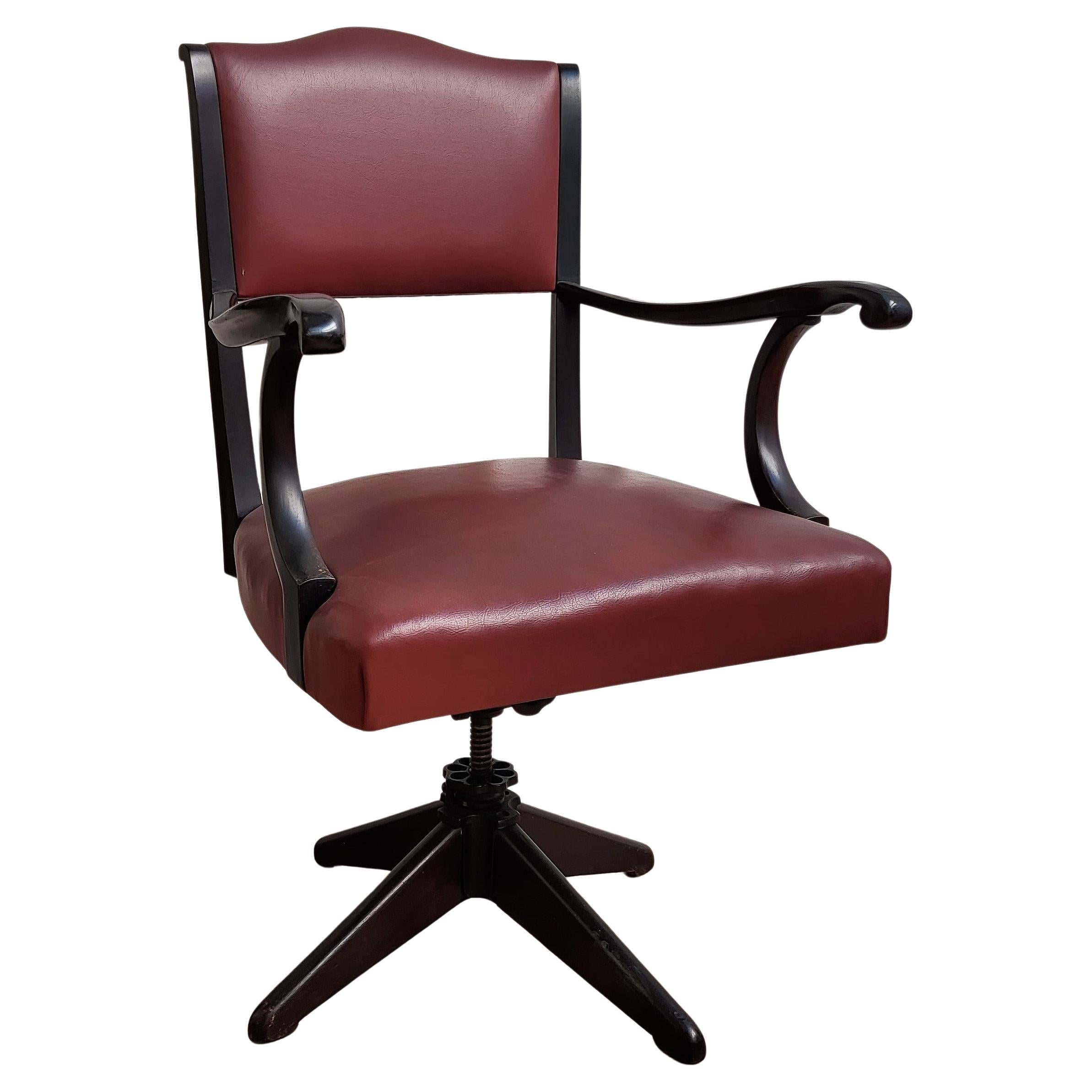 1970 Italian Bordeaux Leather & Wood Open Arm Turning Office Desk Chair