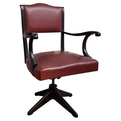 1970 Italian Bordeaux Leather & Wood Open Arm Turning Office Desk Chair