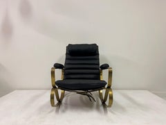 1970s Italian Brass and Black Leather Rocking Chair by Luciano Frigerio