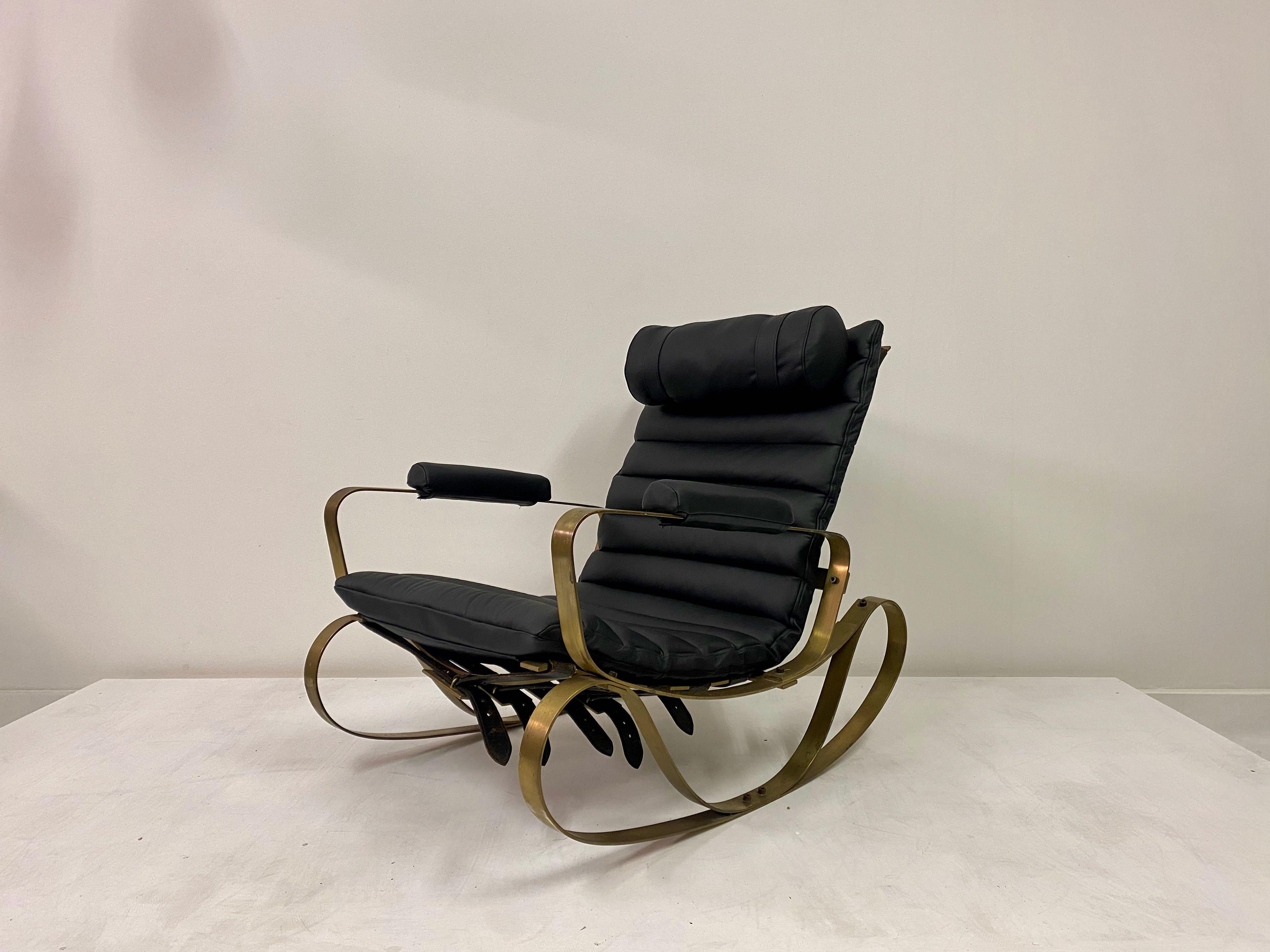 Mid-Century Modern 1970s Italian Brass and Black Leather Rocking Chair by Luciano Frigerio For Sale