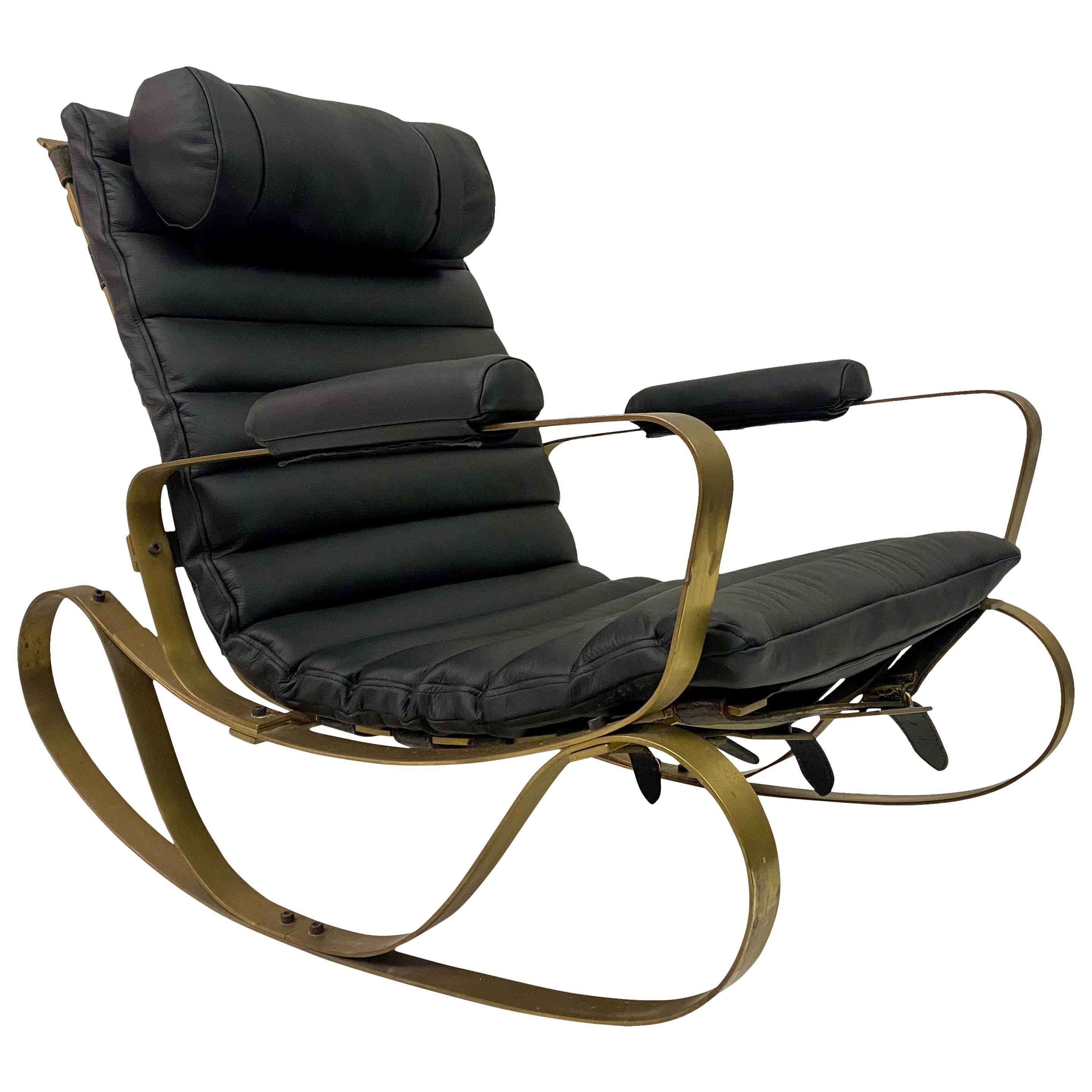 1970s Italian Brass and Black Leather Rocking Chair by Luciano Frigerio