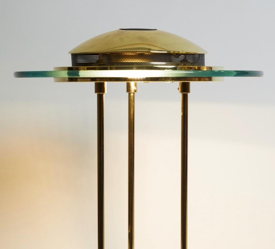 1970s Italian brass circular table lamp with glass and black mesh detail.