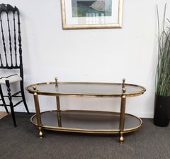 1970s Italian Brass and Glass Hollywood Regency Oval Center Coffee Table