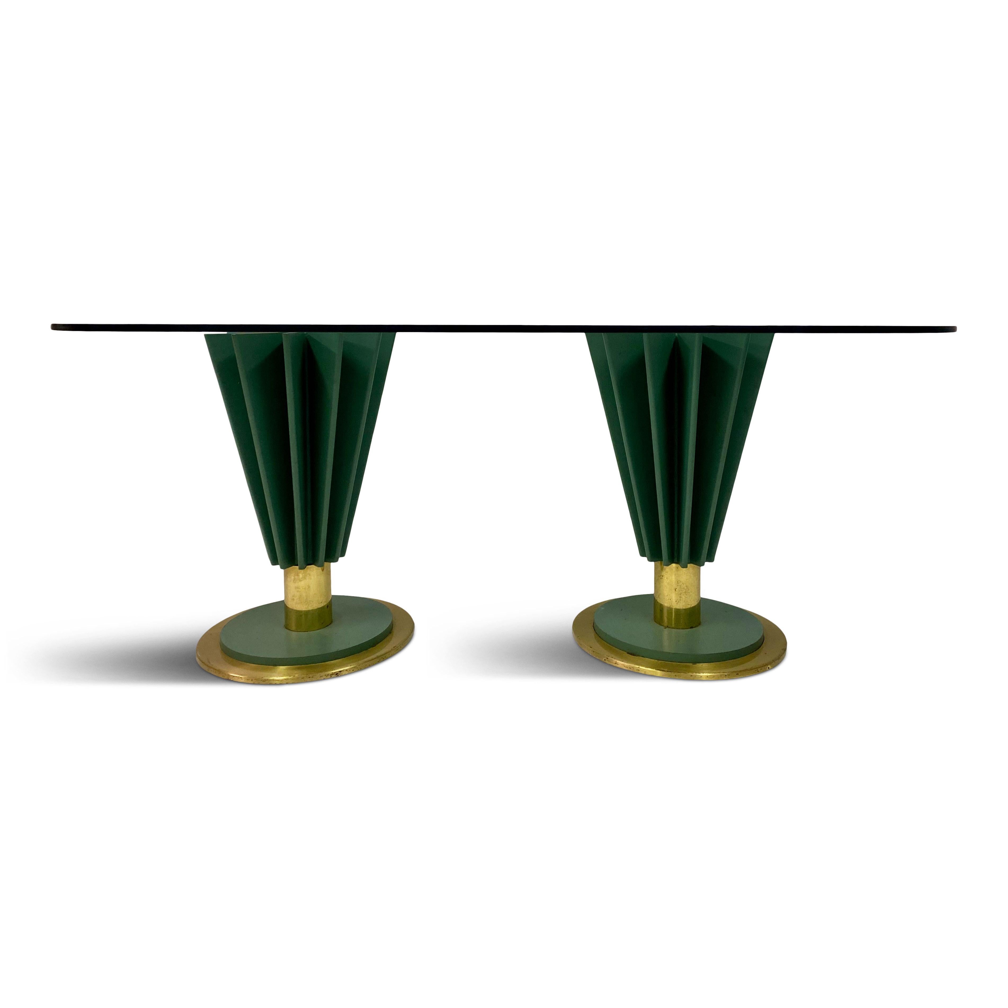 Dining table

By Pierre Cardin

Two painted iron and brass pedestals

Impressed signature

1970s, Italian

Price includes change of glass if required.
  