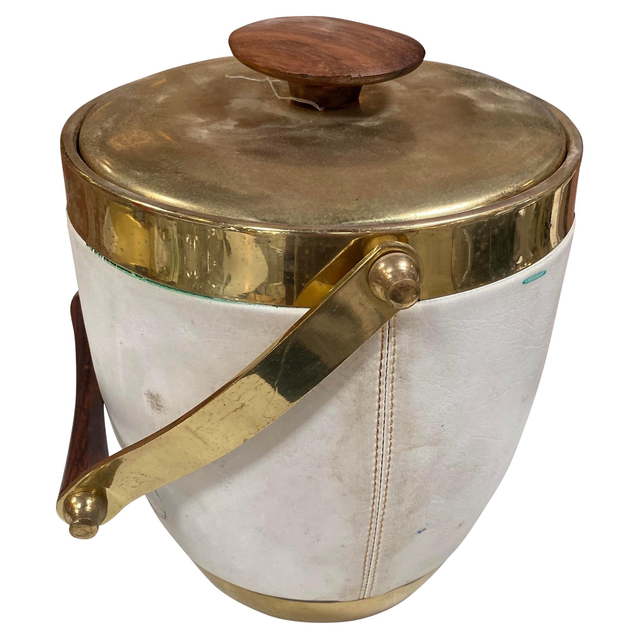 1970s Italian Brass and White Leather Ice Bucket with Rosewood Handle
