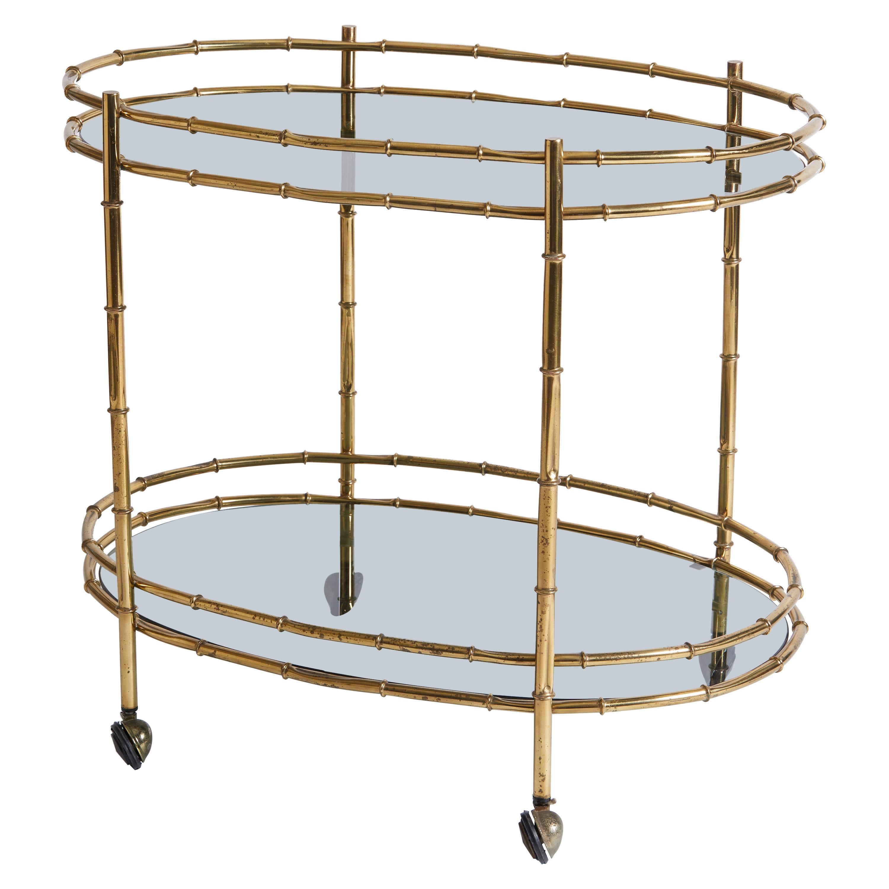 1970s Italian Brass Bamboo Design and Smoked Glass Two-Tier Bar Cart