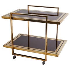 1970s Italian Brass and Black Glass Two-Tier Architectural Bar Cart