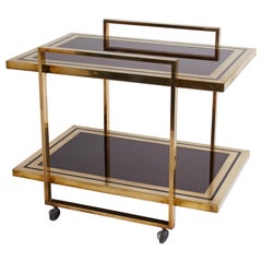Antique 1970s Italian Brass and Black Glass Two-Tier Architectural Bar Cart