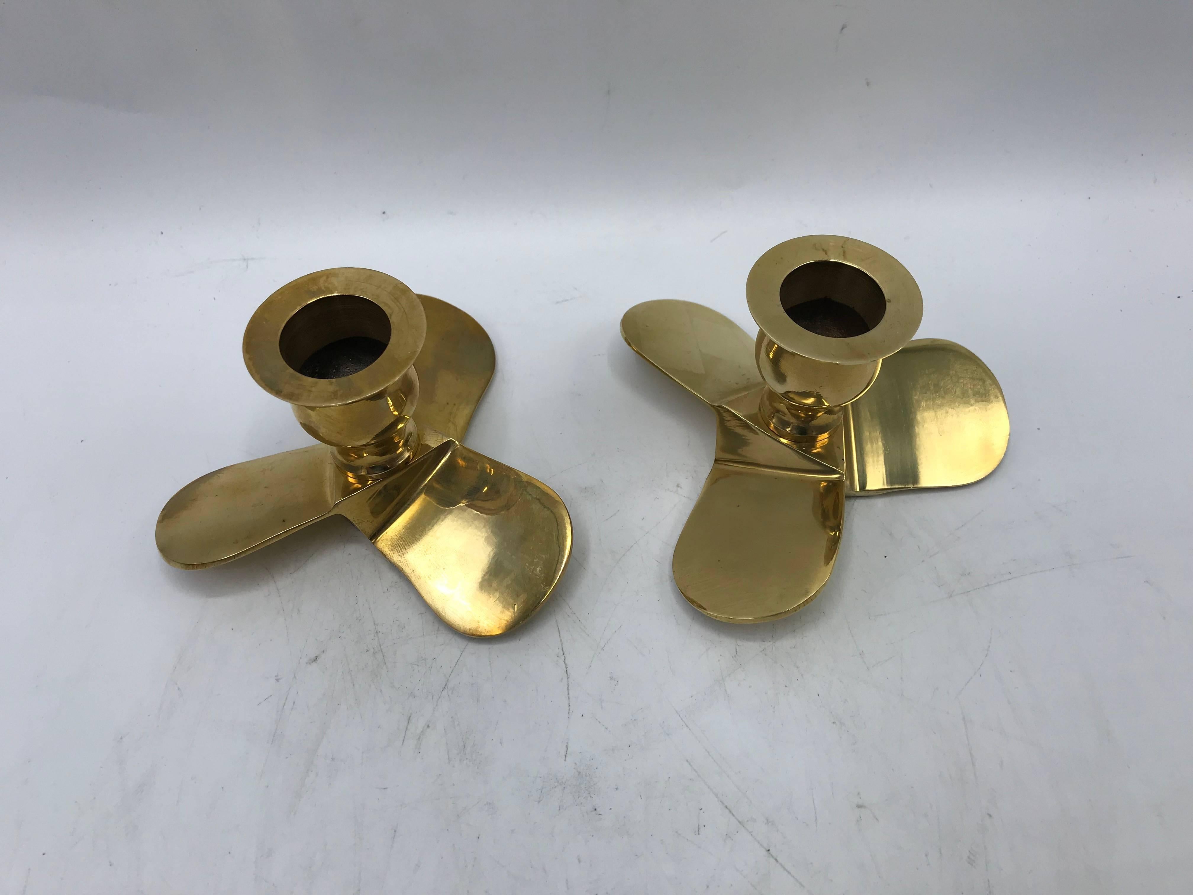 Polished 1970s Italian Brass Boat Propeller Candlestick Holders, Pair