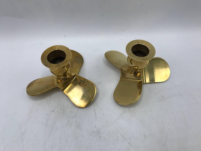 1970s Italian Brass Boat Propeller Candlestick Holders, Pair at 1stDibs