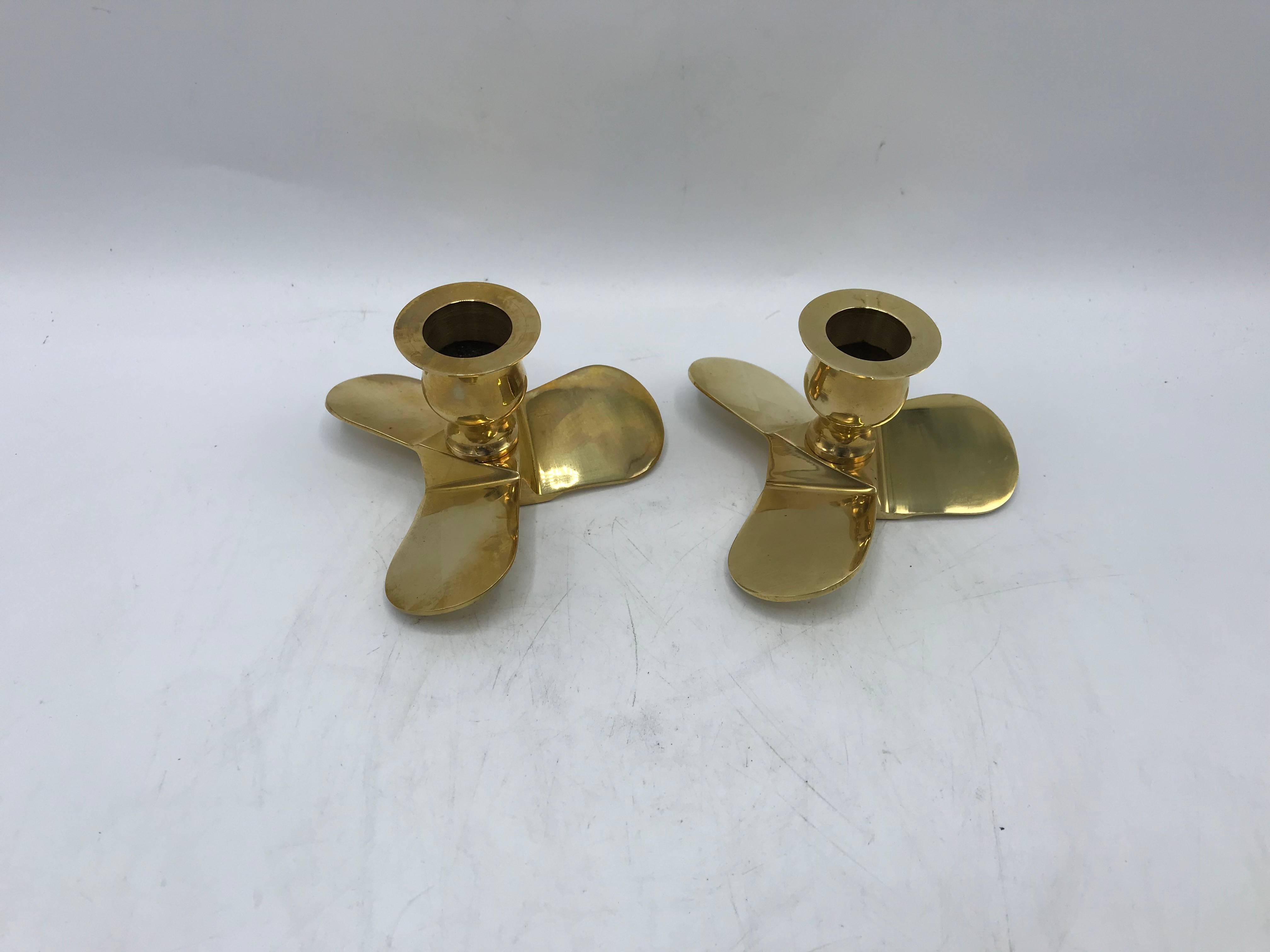 1970s Italian Brass Boat Propeller Candlestick Holders, Pair In Excellent Condition In Richmond, VA