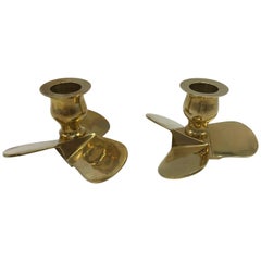 Vintage 1970s Italian Brass Boat Propeller Candlestick Holders, Pair