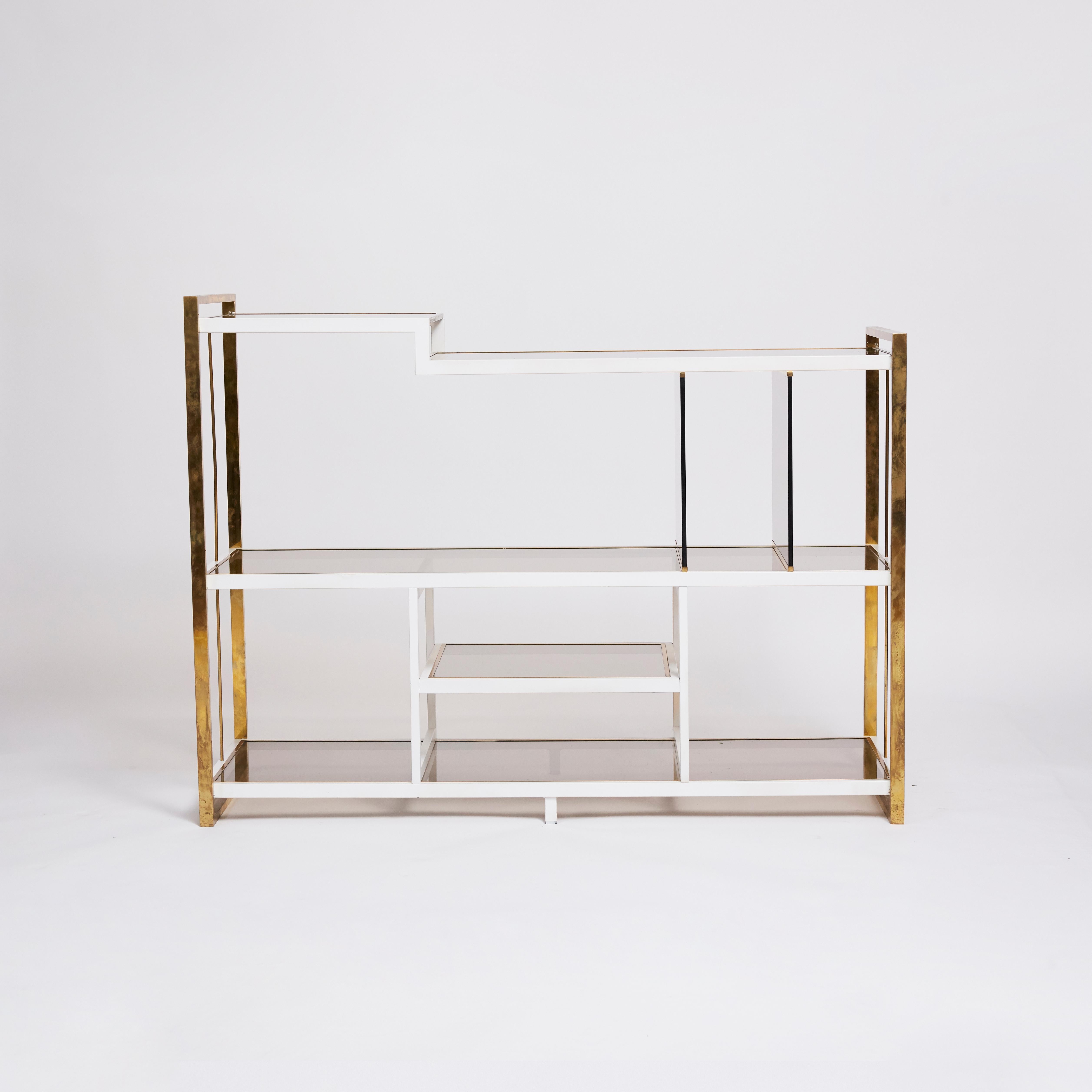 Mid-Century Modern 1970s Italian Brass Console in White Enamel and Smoked Glass For Sale