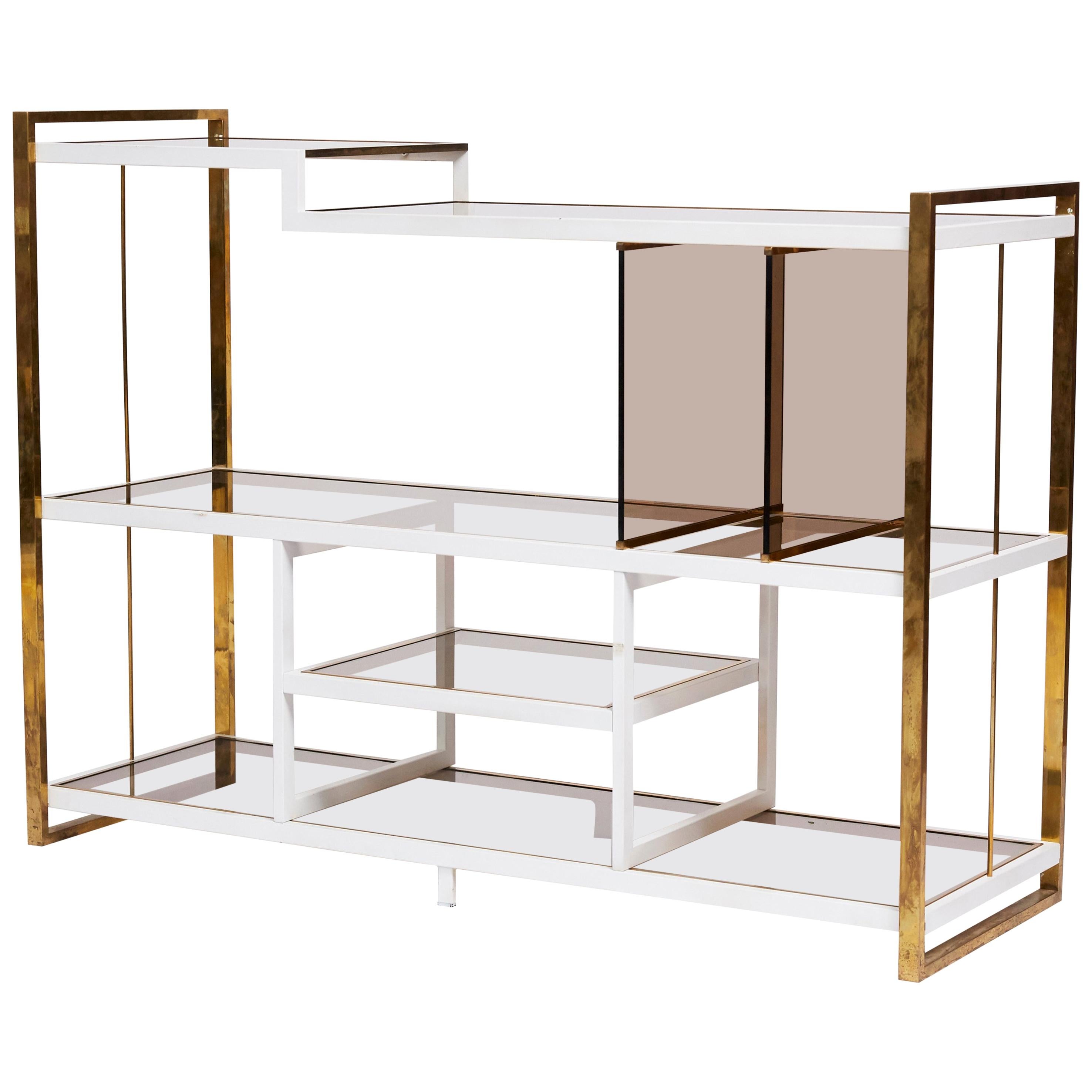 1970s Italian Brass Console in White Enamel and Smoked Glass