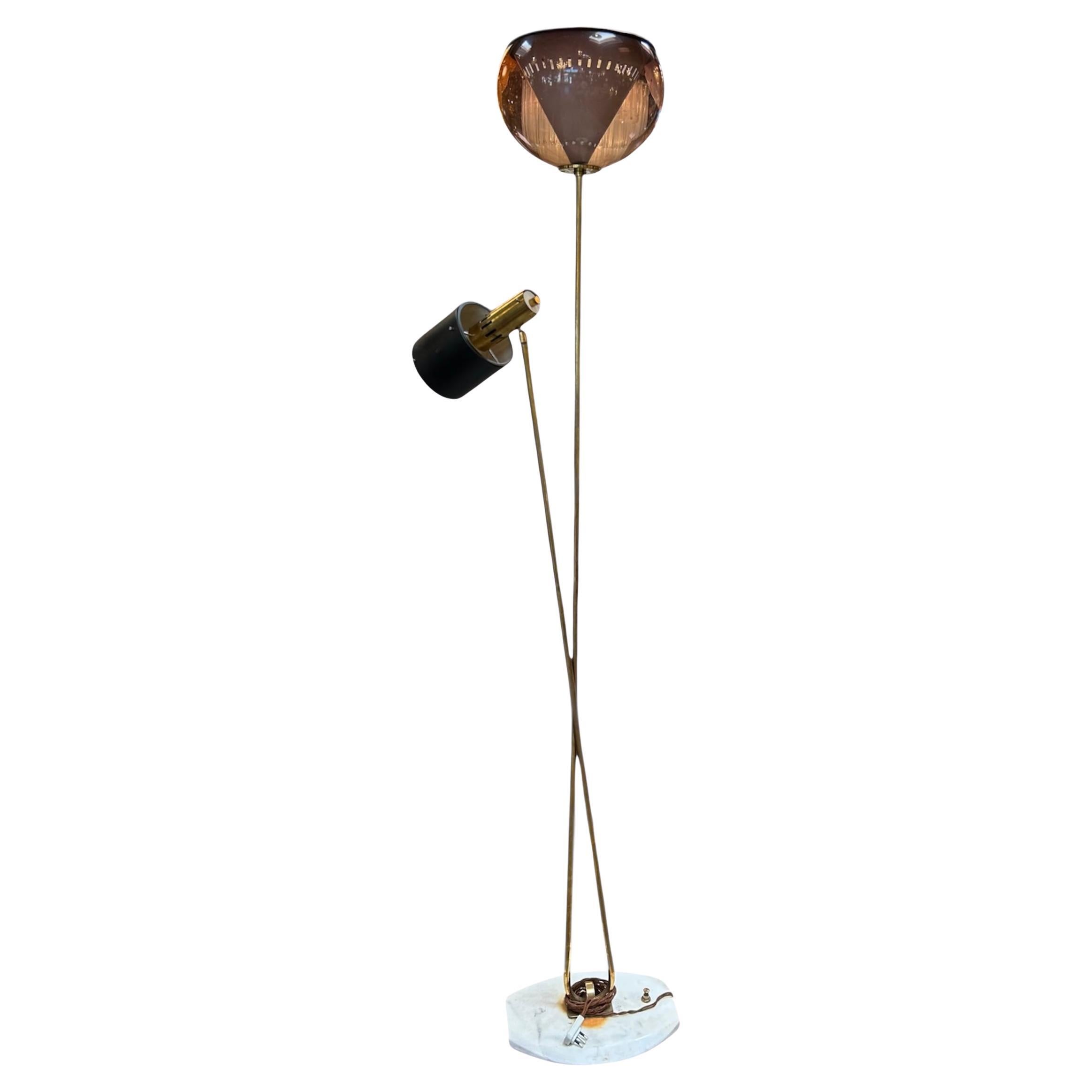 1970s Italian Brass Floor Lamp with Smoked Glass and Adjustable Spotlight