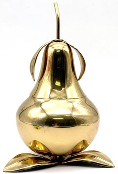 1970s Italian Brass Pear Form Lidded Table Box on Leaf Base
