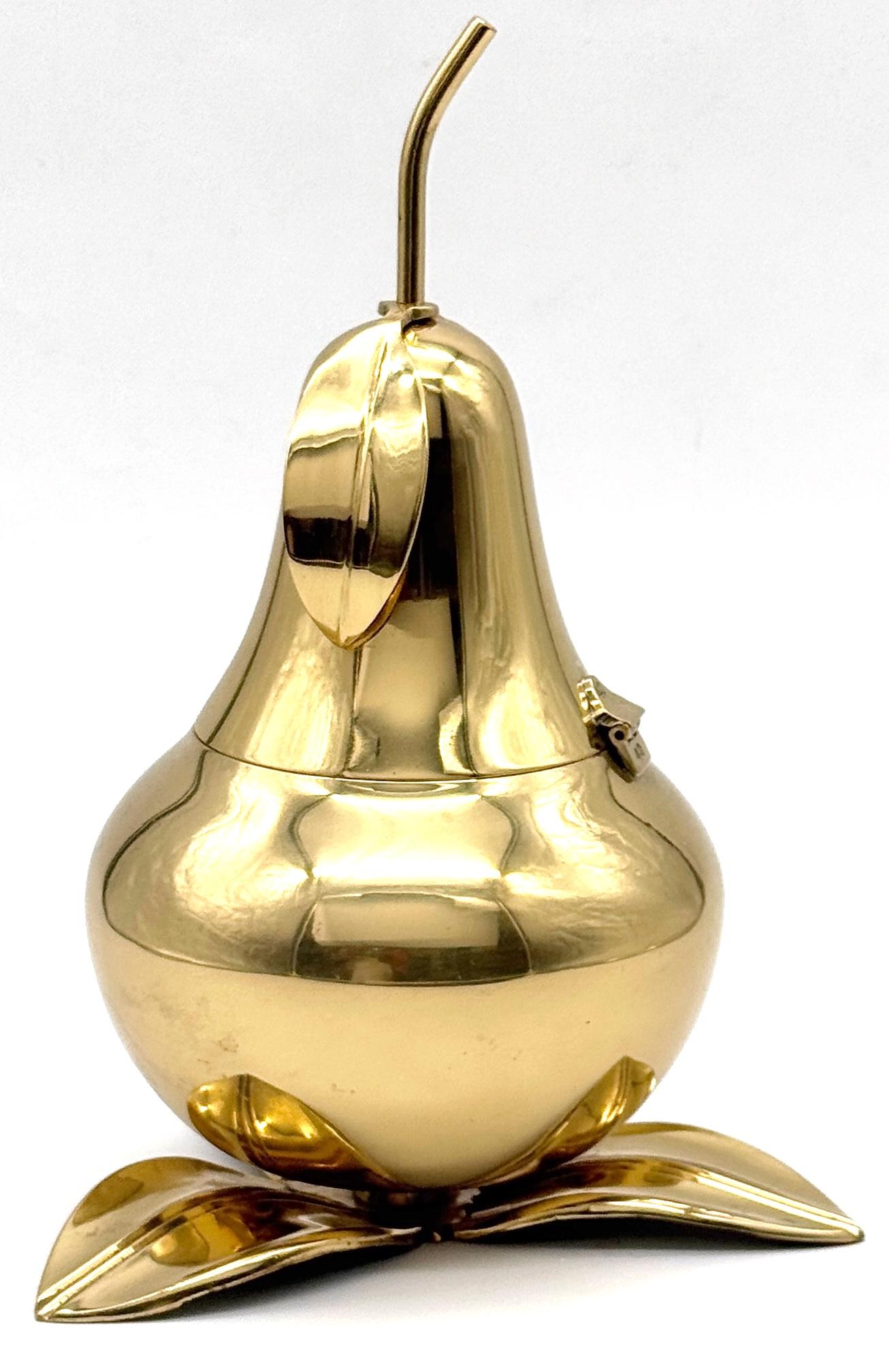 Polished 1970s Italian Brass Pear Form Lidded Table Box on Leaf Base For Sale