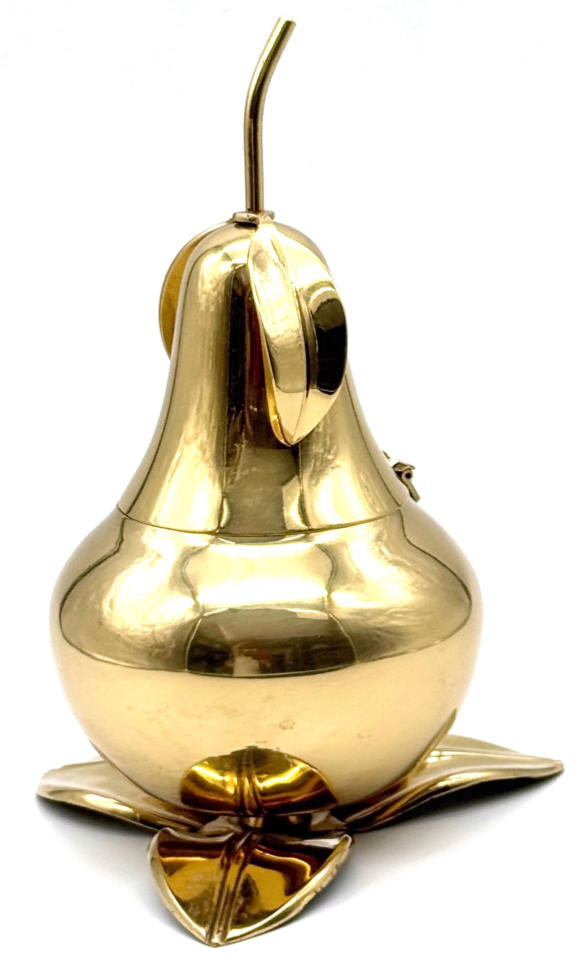 1970s Italian Brass Pear Form Lidded Table Box on Leaf Base For Sale 1