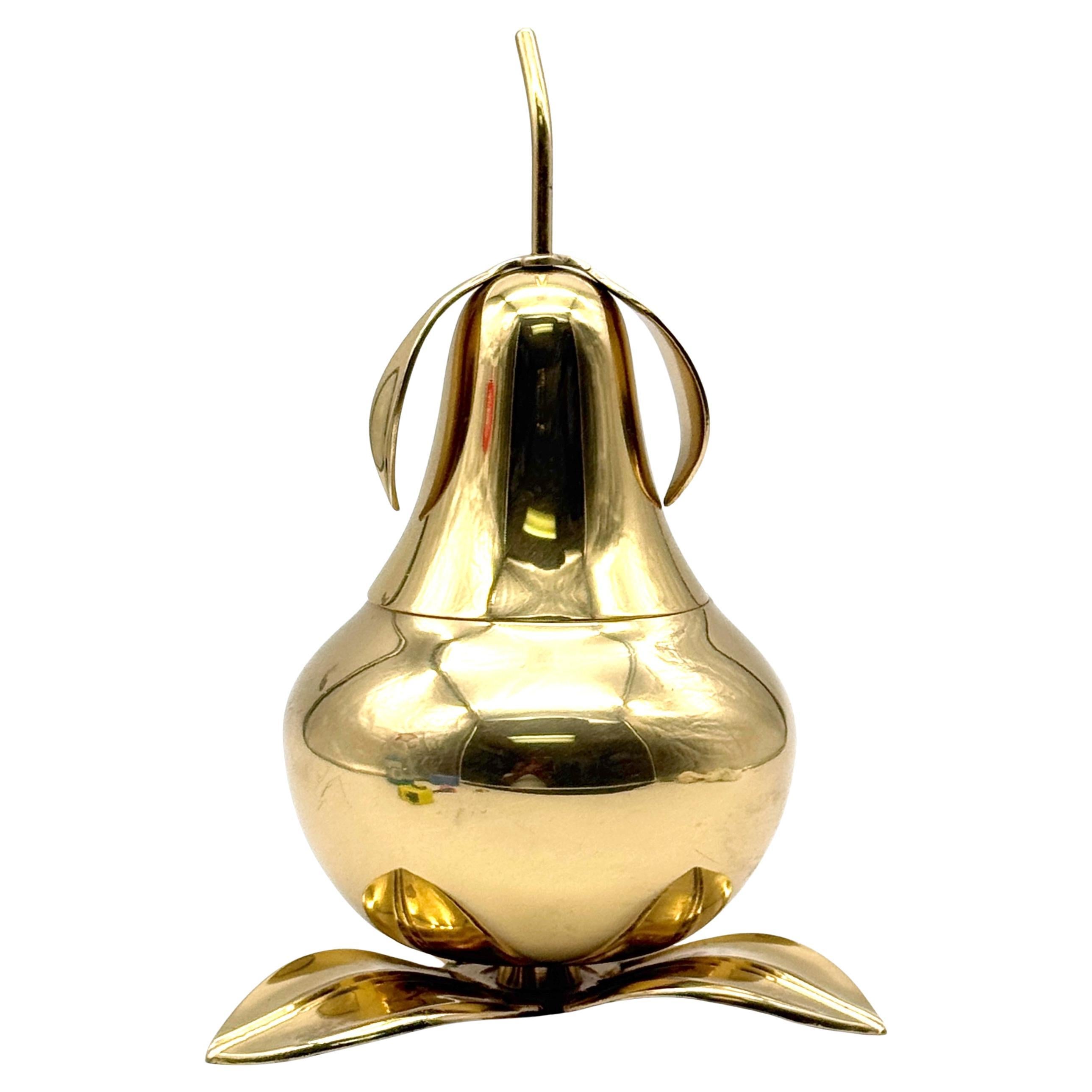 1970s Italian Brass Pear Form Lidded Table Box on Leaf Base For Sale