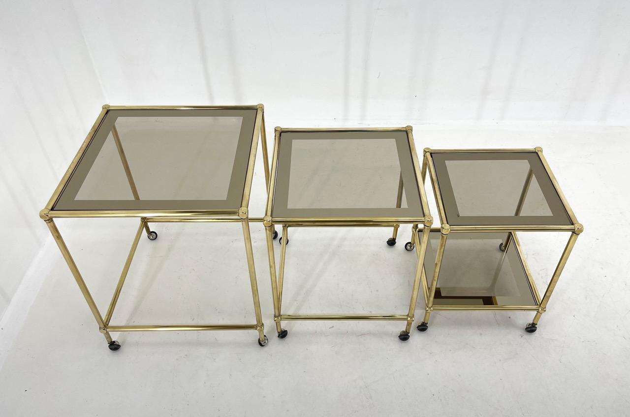 1970's Italian Brass & Smoked Glass Nesting Tables For Sale 6