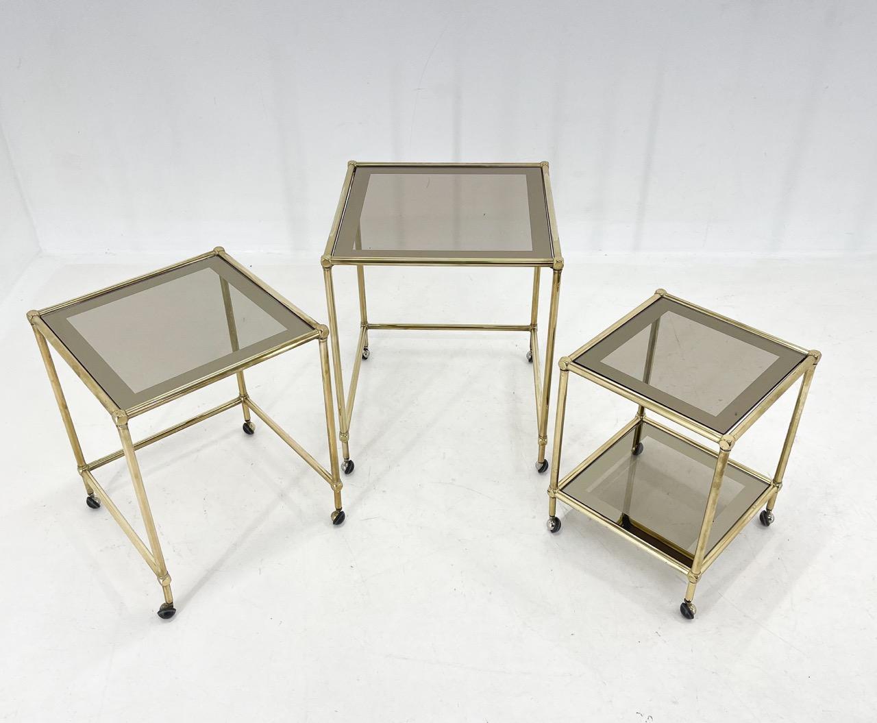 Late 20th Century 1970's Italian Brass & Smoked Glass Nesting Tables For Sale