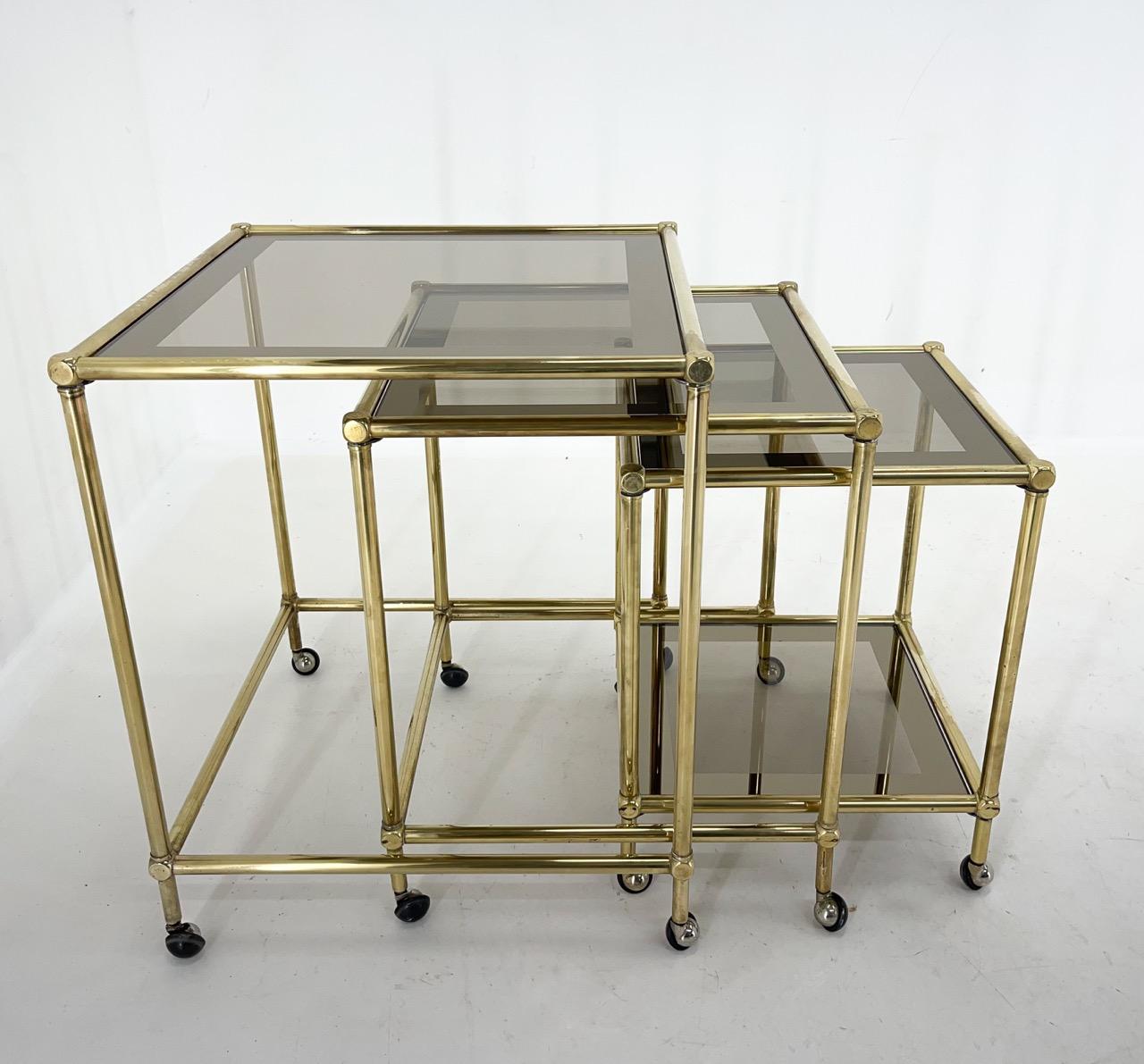 1970's Italian Brass & Smoked Glass Nesting Tables For Sale 2