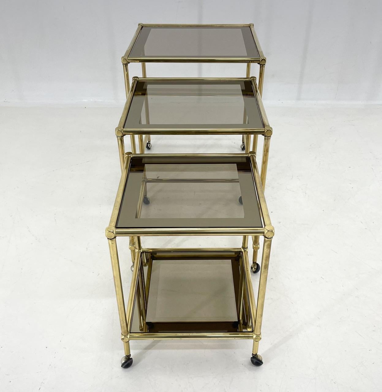 1970's Italian Brass & Smoked Glass Nesting Tables For Sale 3