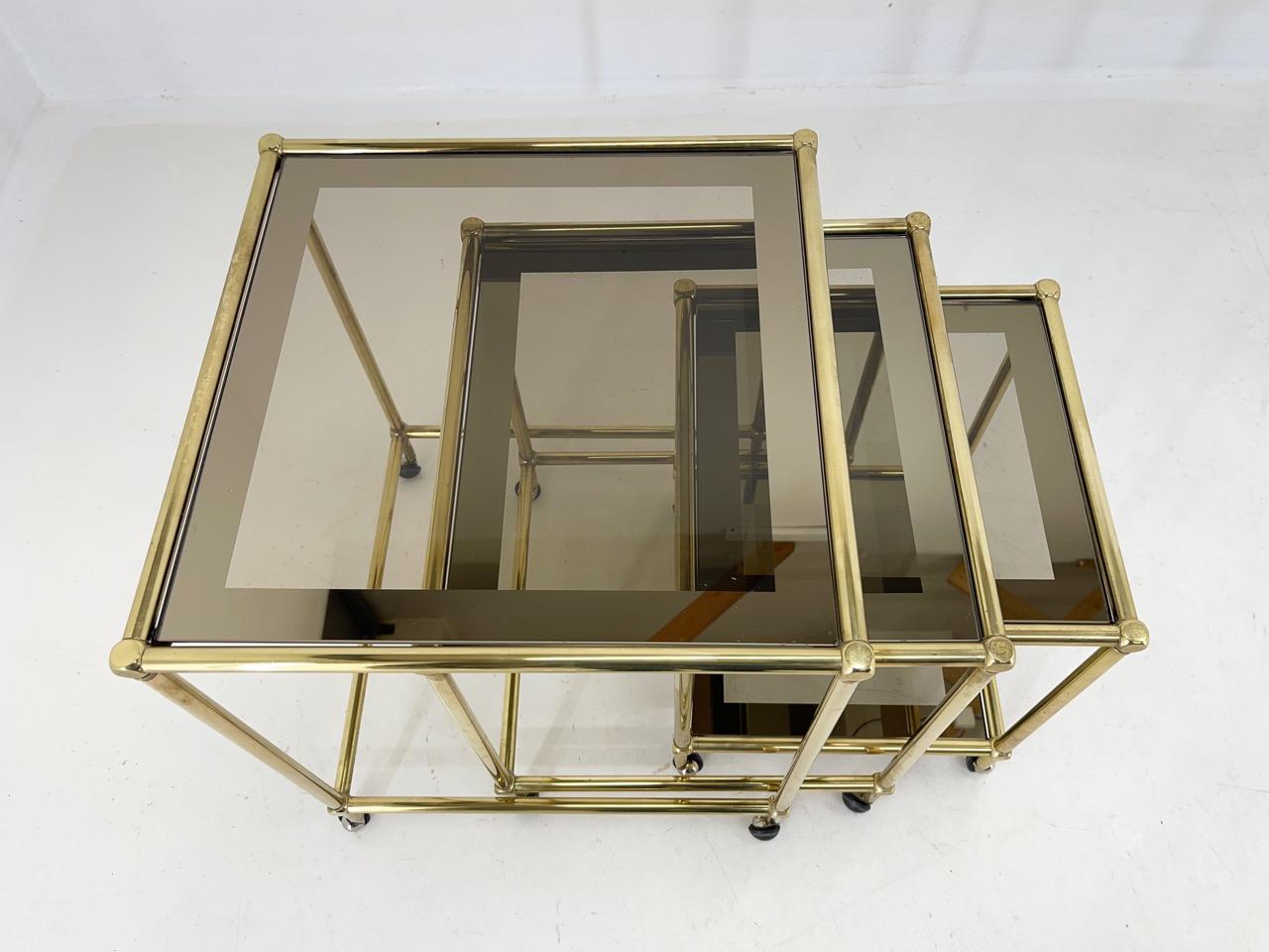 1970's Italian Brass & Smoked Glass Nesting Tables For Sale 5