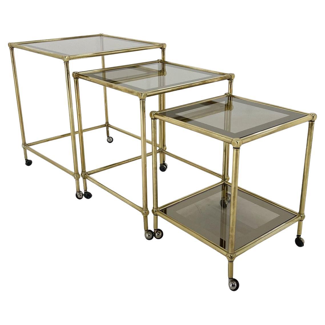 1970's Italian Brass & Smoked Glass Nesting Tables For Sale