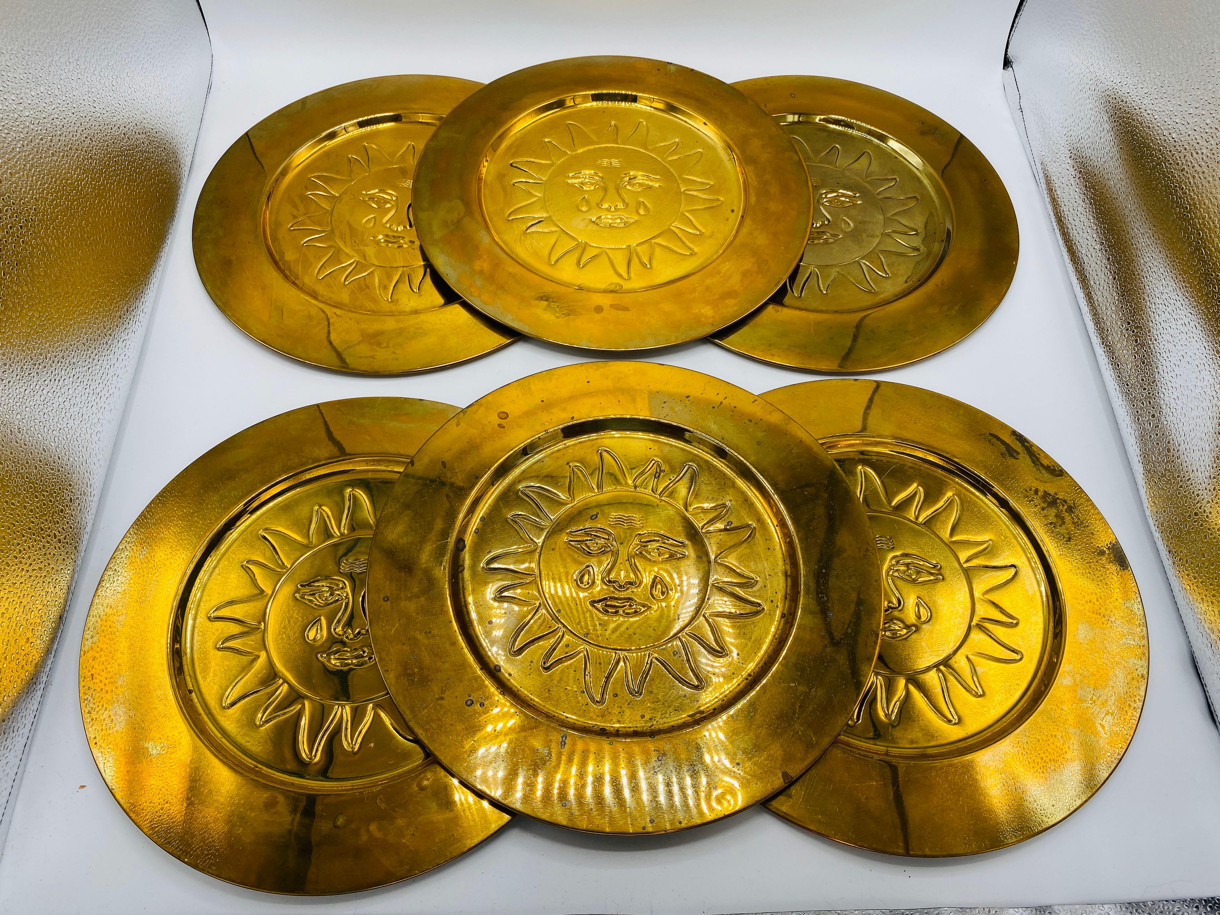 1970s Italian Brass Sun Charger Plates, Set of 6 For Sale 3