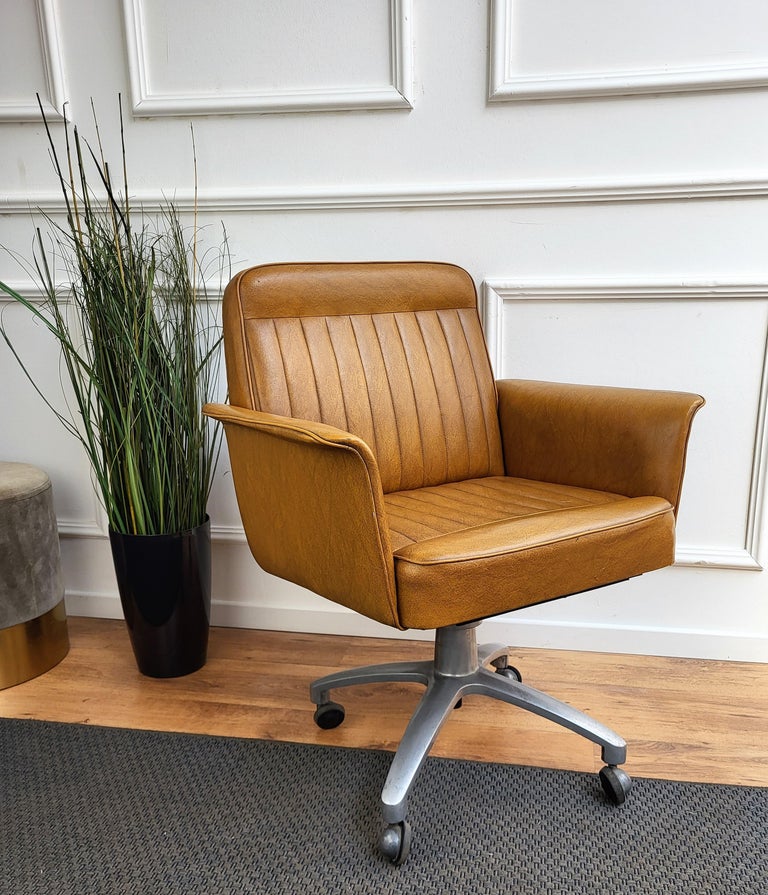 1970s, Italian Brown Leather and Metal Open Arm Turning Office Desk ...
