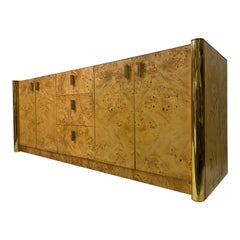 1970s Italian Burl Wood and Brass Sideboard or Credenza