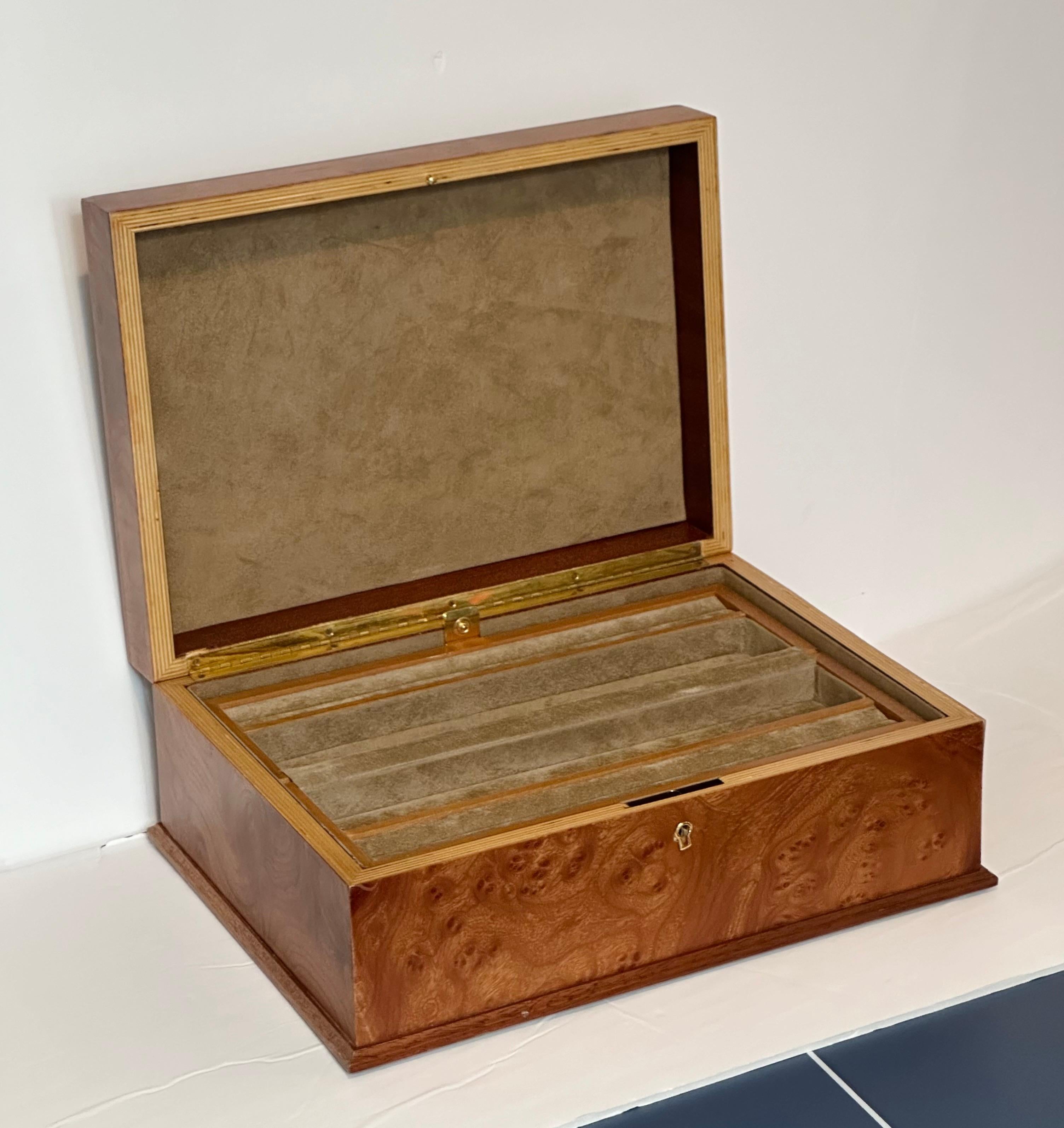 Felt 1970s Italian Burlwood Jewelry Two Compartment Rectangular Box and Travel Case