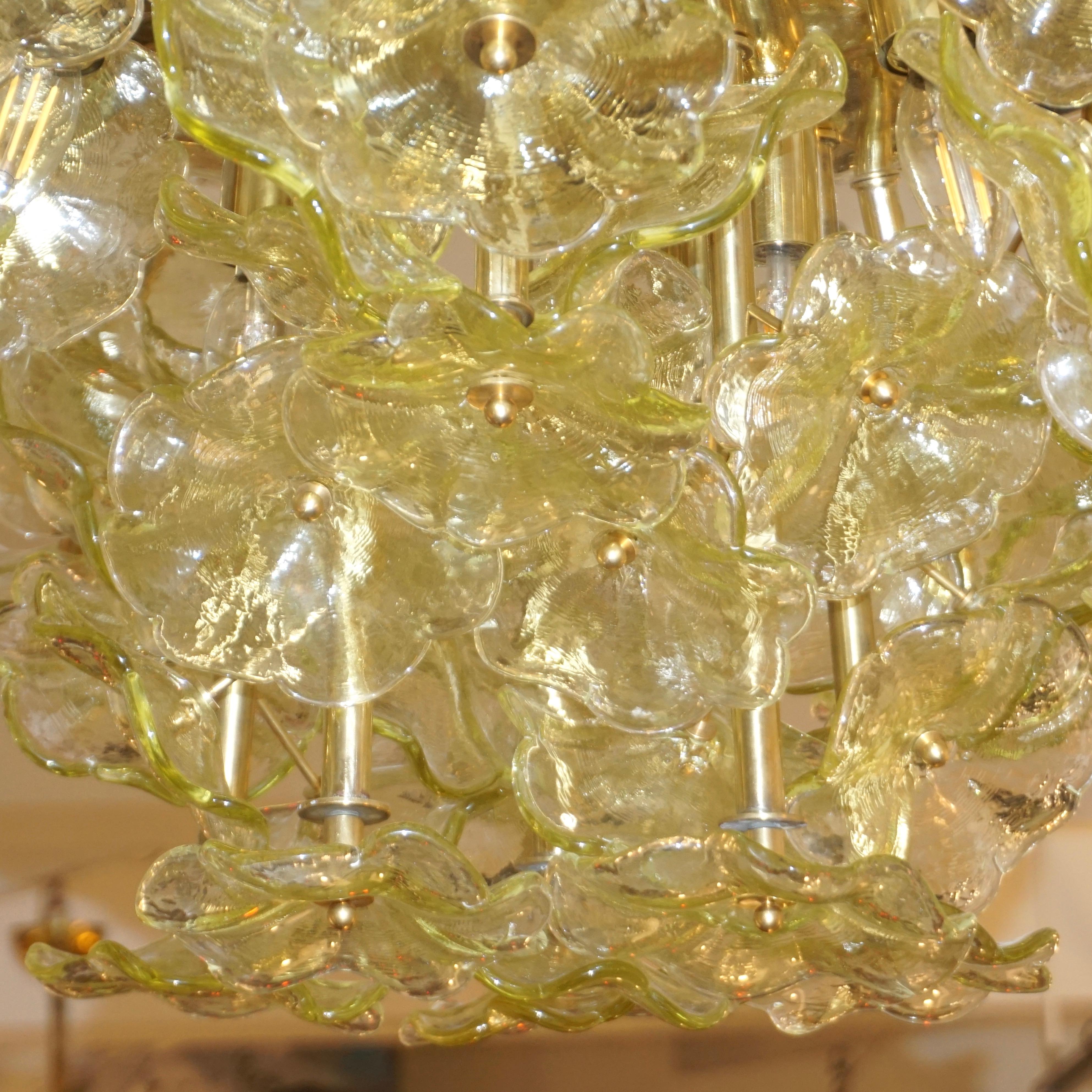 1970s Italian Buttercup Yellow Murano Glass Flower Brass Chandelier/Flush Mount 6