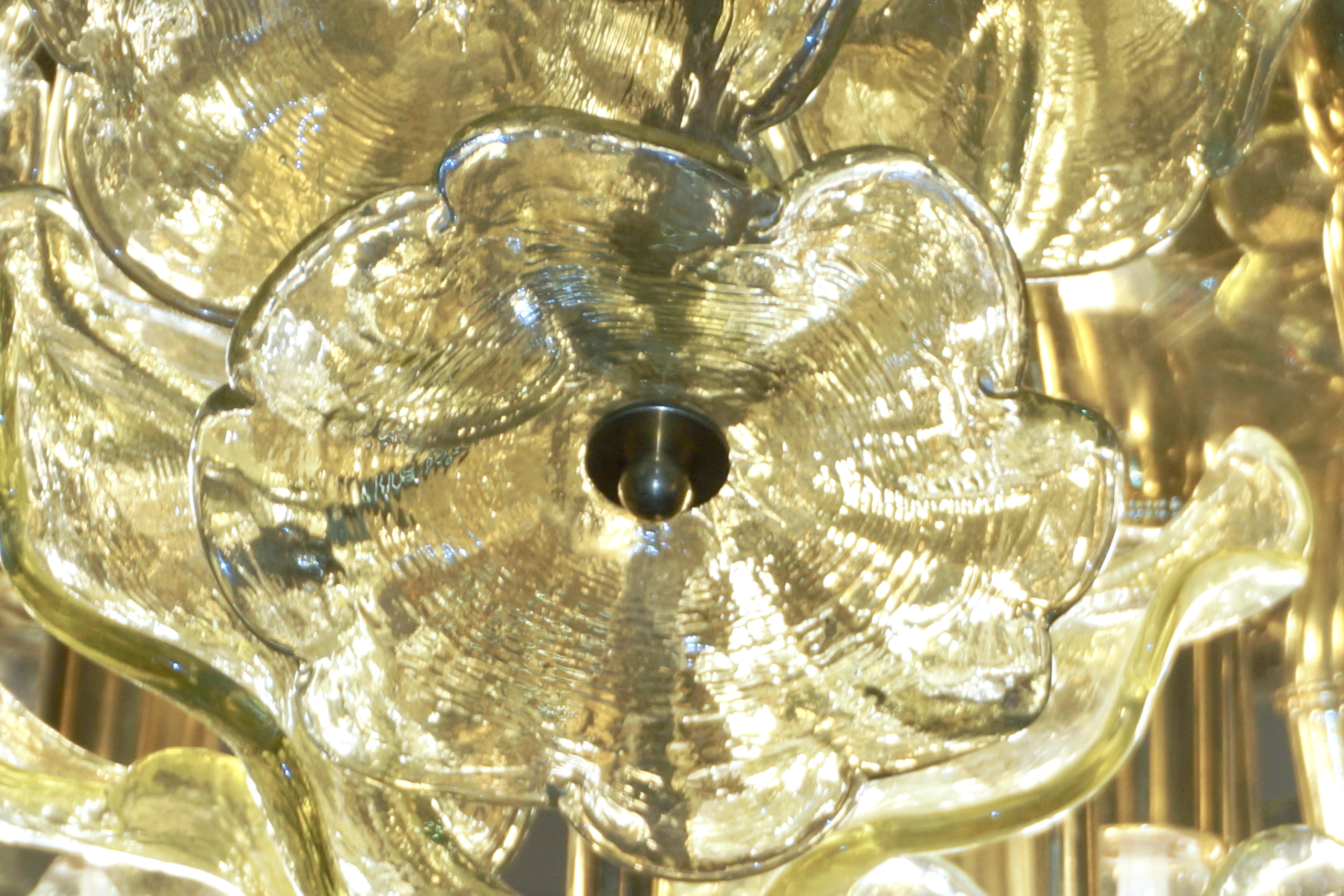 1970s Italian Buttercup Yellow Murano Glass Flower Brass Chandelier/Flush Mount 7