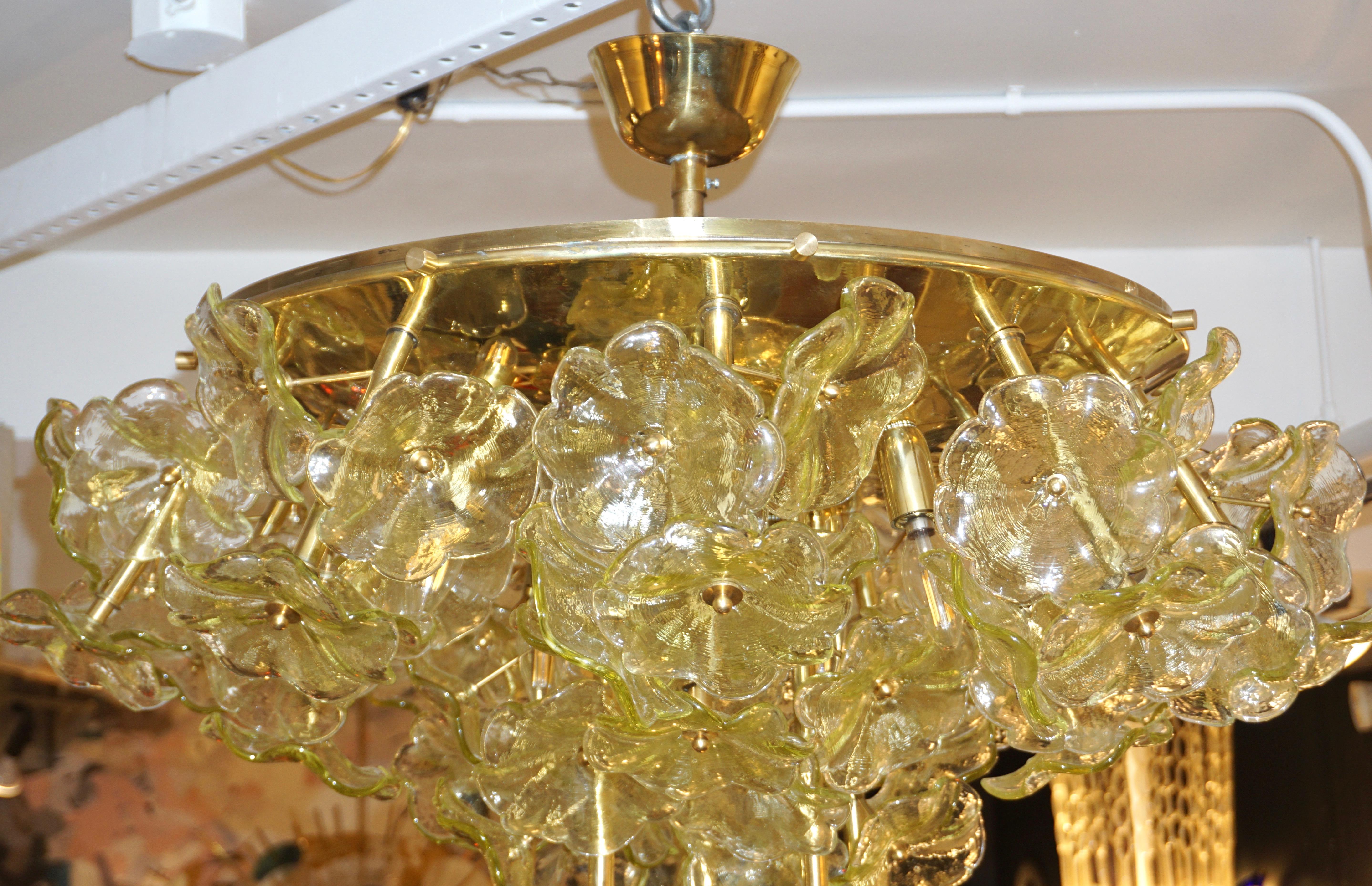 1970s Italian Buttercup Yellow Murano Glass Flower Brass Chandelier/Flush Mount 8
