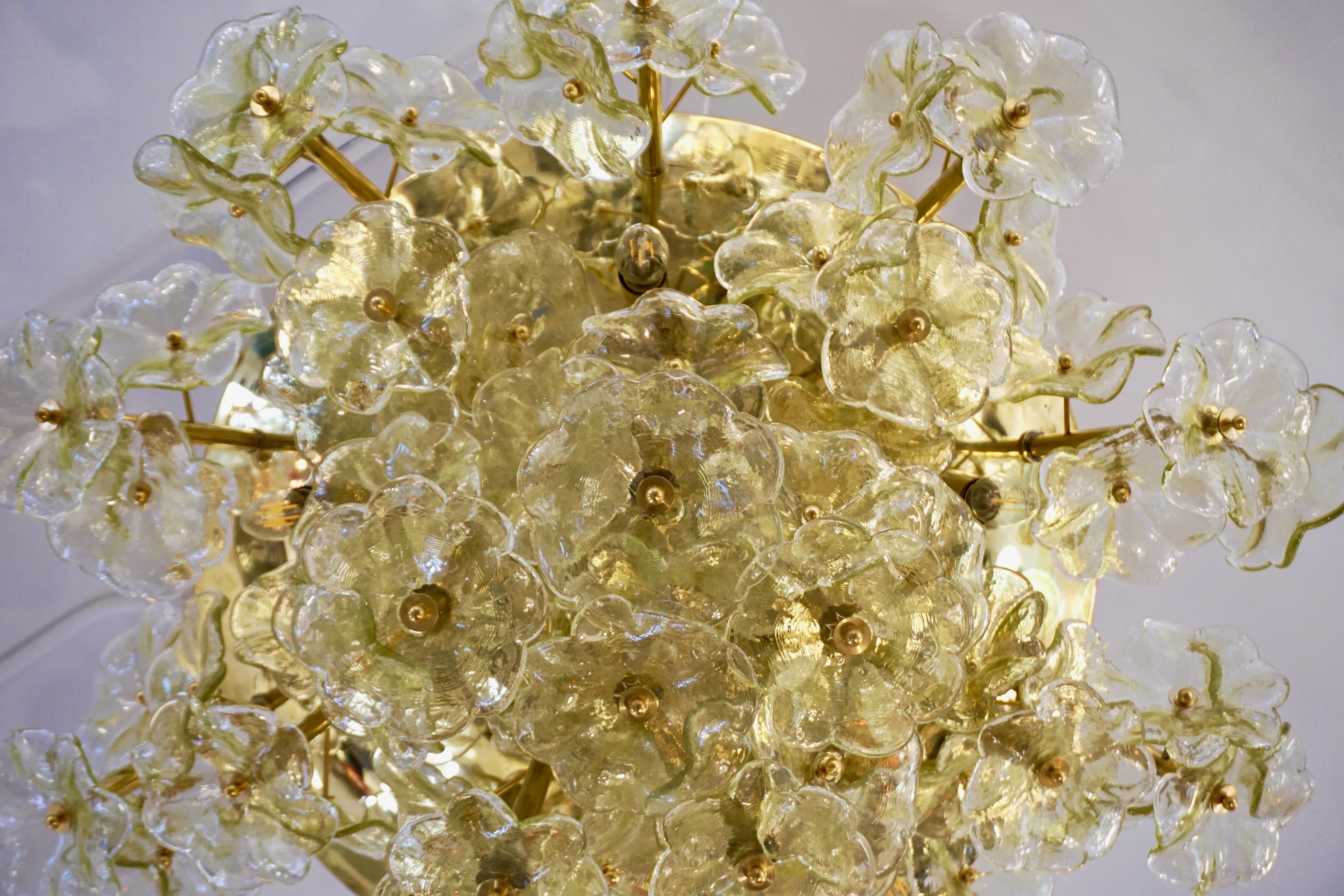 Late 20th Century 1970s Italian Buttercup Yellow Murano Glass Flower Brass Chandelier/Flush Mount