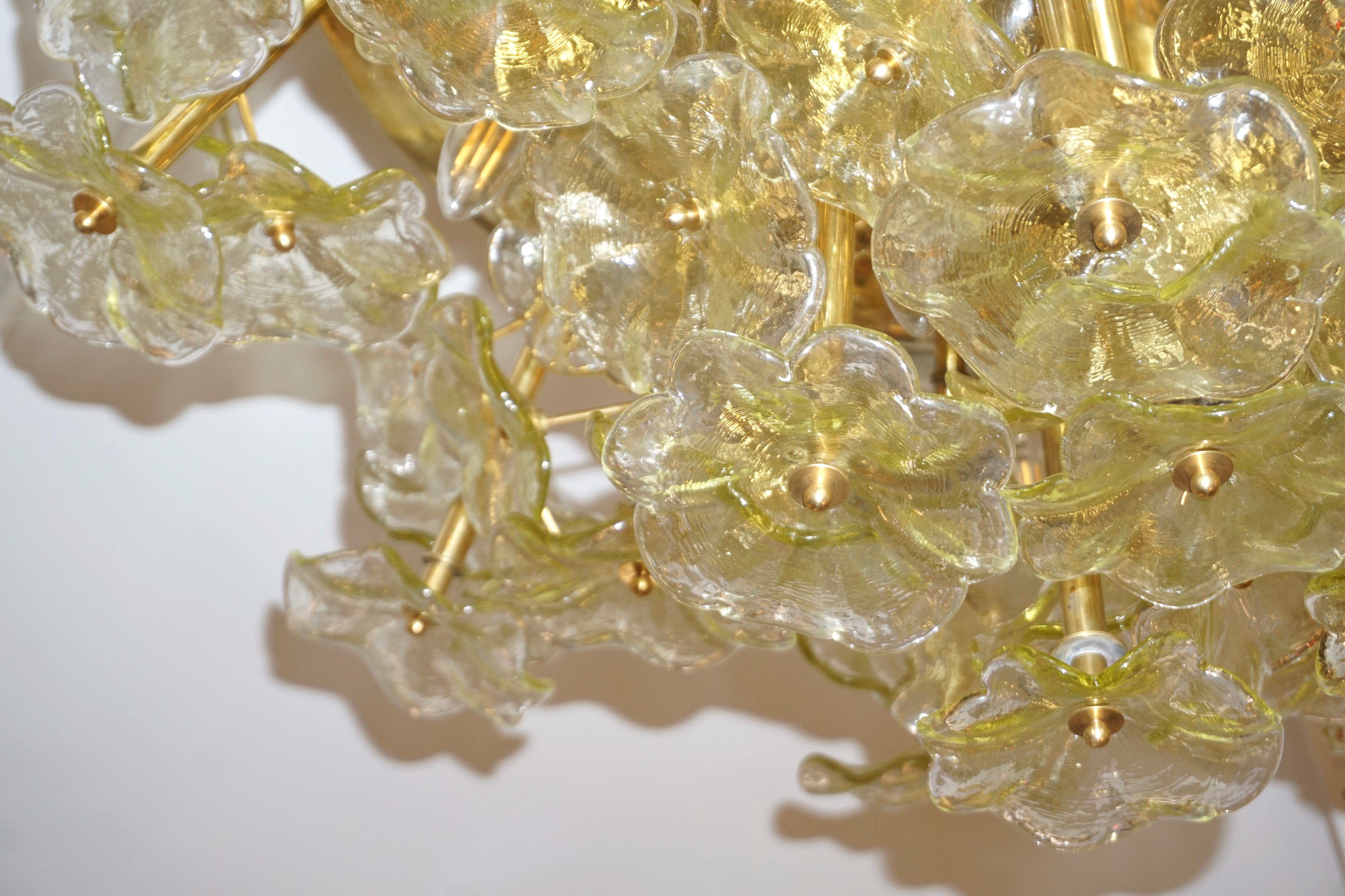 1970s Italian Buttercup Yellow Murano Glass Flower Brass Chandelier/Flush Mount 1