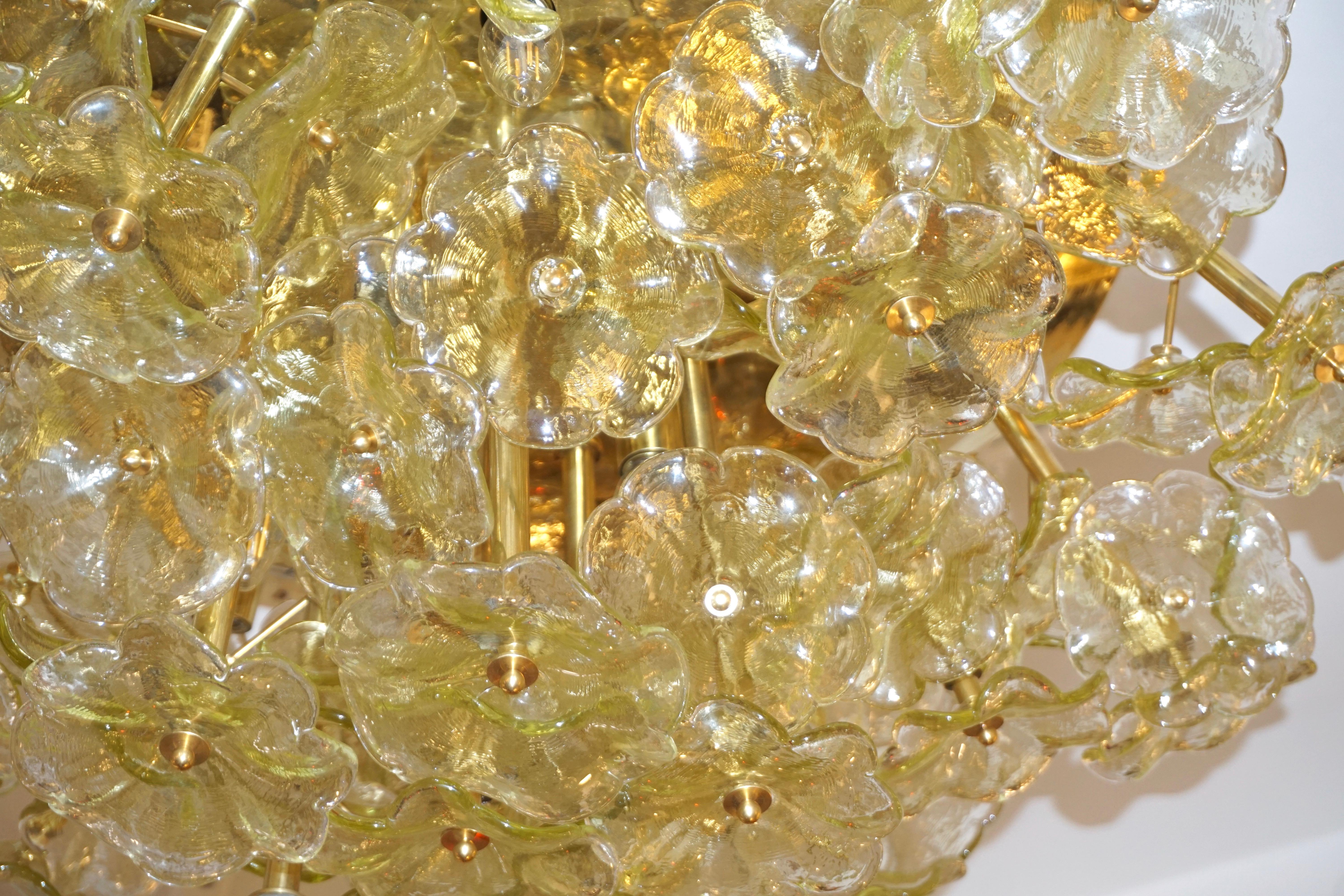 1970s Italian Buttercup Yellow Murano Glass Flower Brass Chandelier/Flush Mount In Good Condition In New York, NY