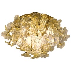 1970s Italian Buttercup Yellow Murano Glass Flower Brass Chandelier/Flush Mount