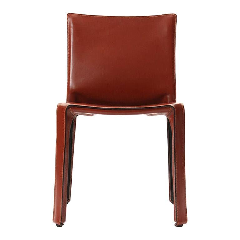 1970s Italian Cab Side Chair in Orange Red Leather by Mario Bellini for Cassina