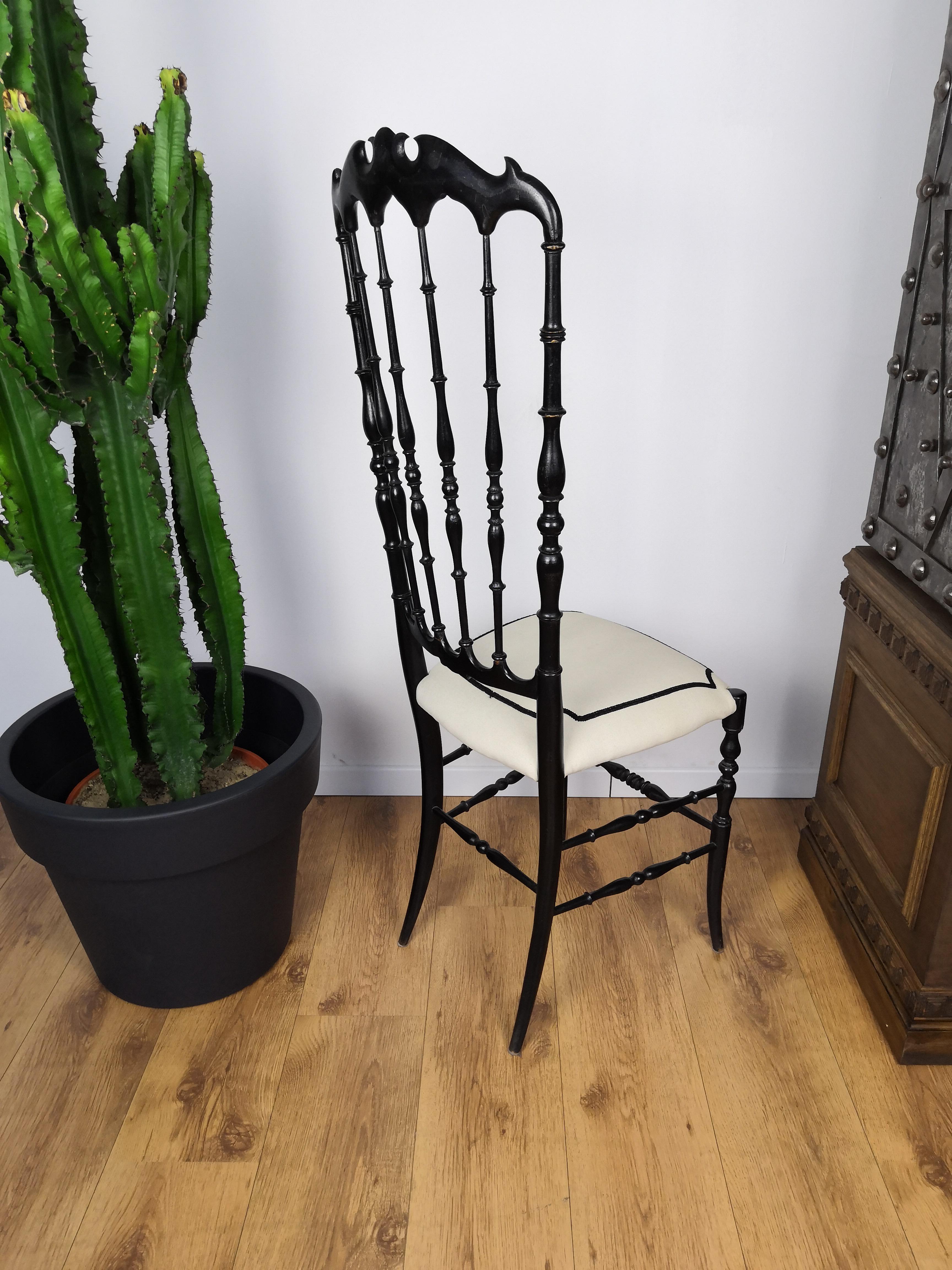 Hollywood Regency 1970s Italian Carved Wood Black Chiavari Chair in Contemporary Modern Upholstery