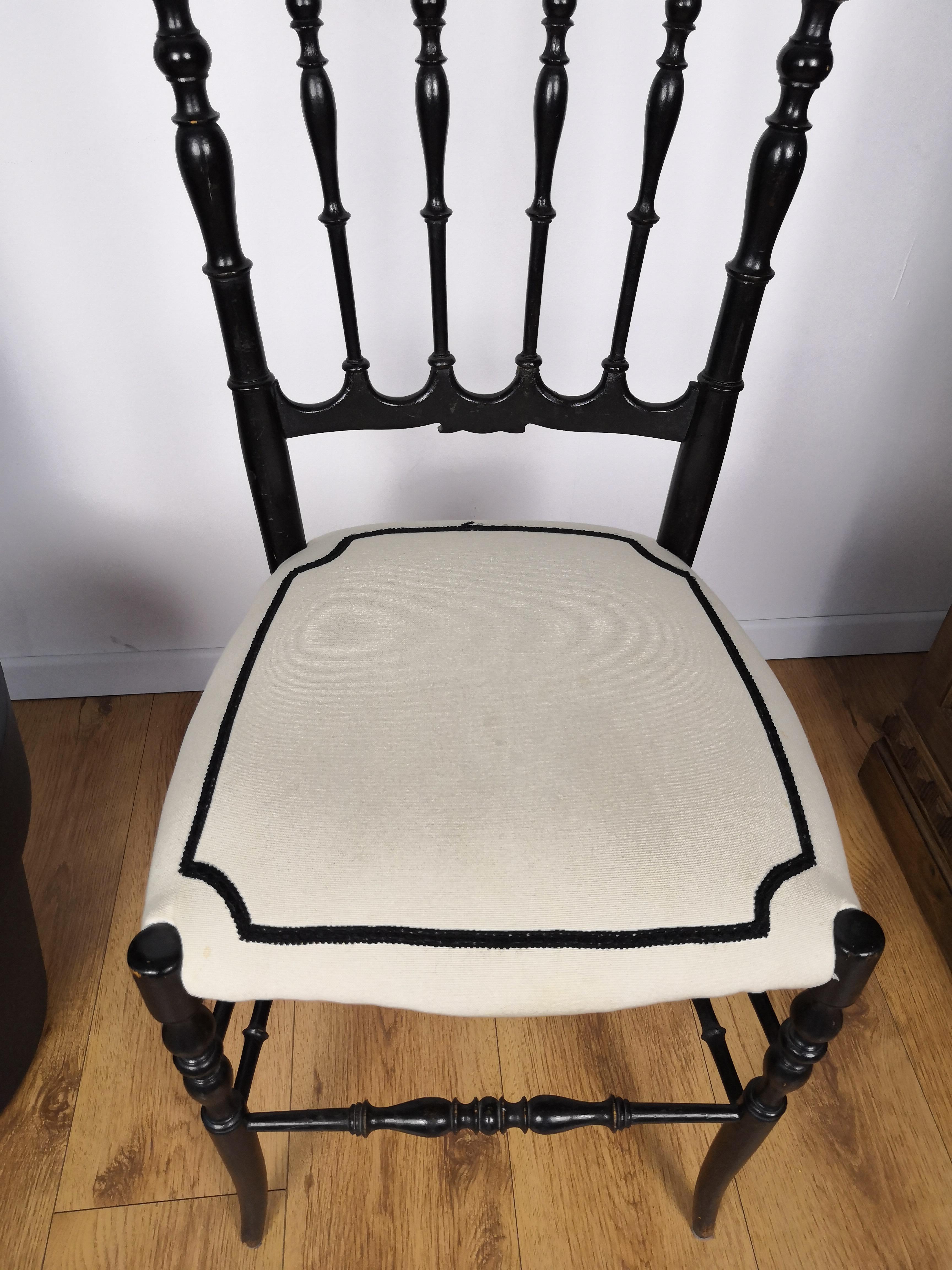 1970s Italian Carved Wood Black Chiavari Chair in Contemporary Modern Upholstery 1