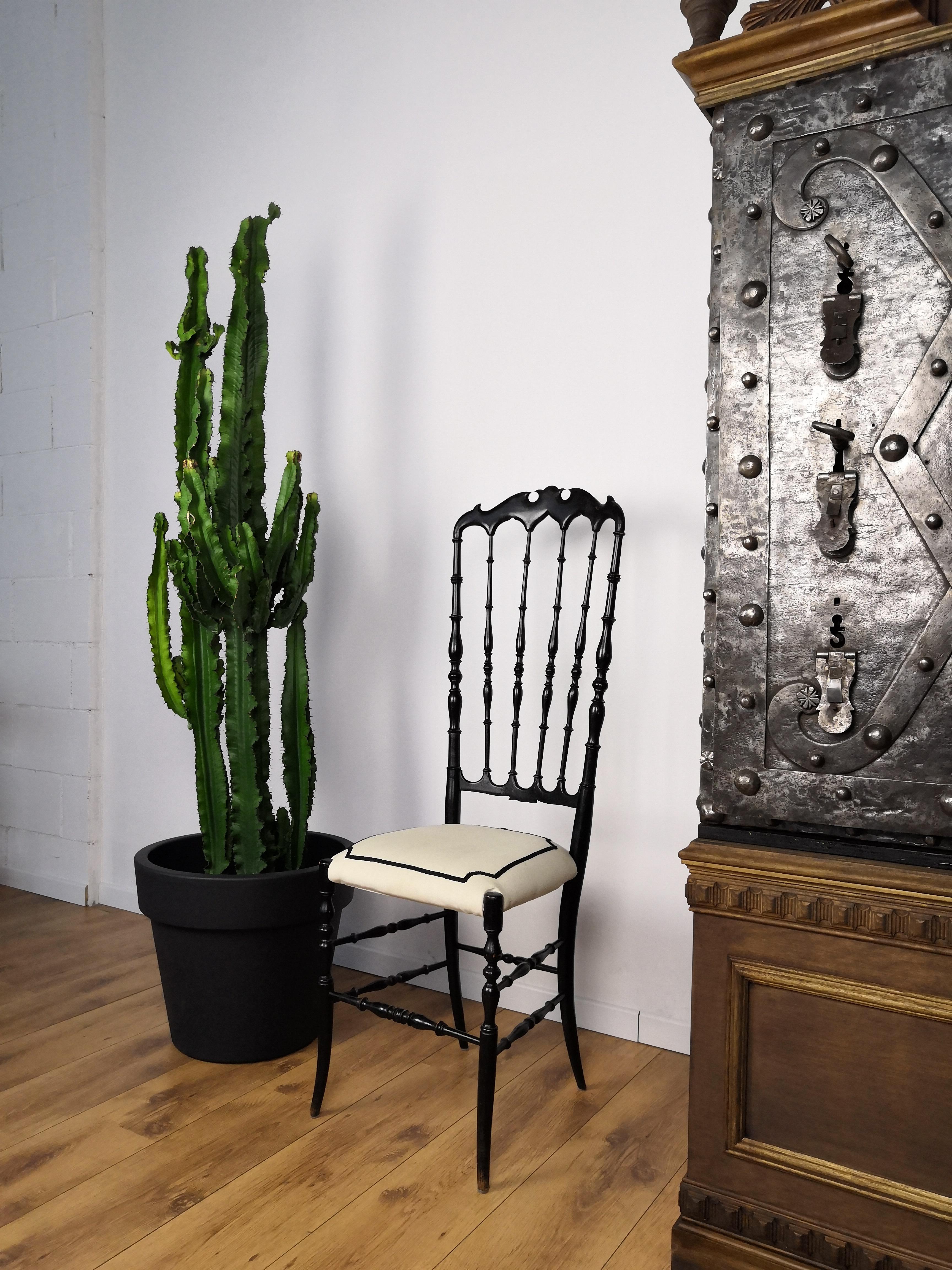 1970s Italian Carved Wood Black Chiavari Chair in Contemporary Modern Upholstery 1