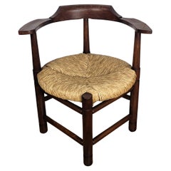 1970s Italian Carved Wooden and Straw Armrest Tub Corner Chair