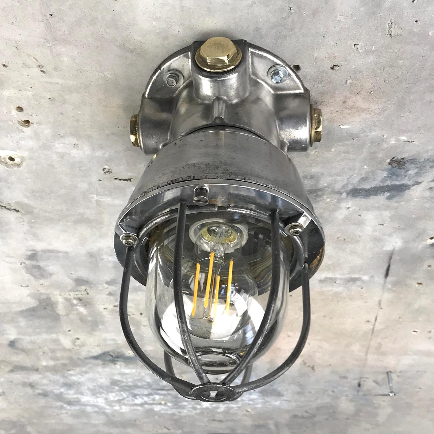 1970s Italian Cast Aluminium, Brass and Glass Explosion Proof Ceiling Light For Sale 6