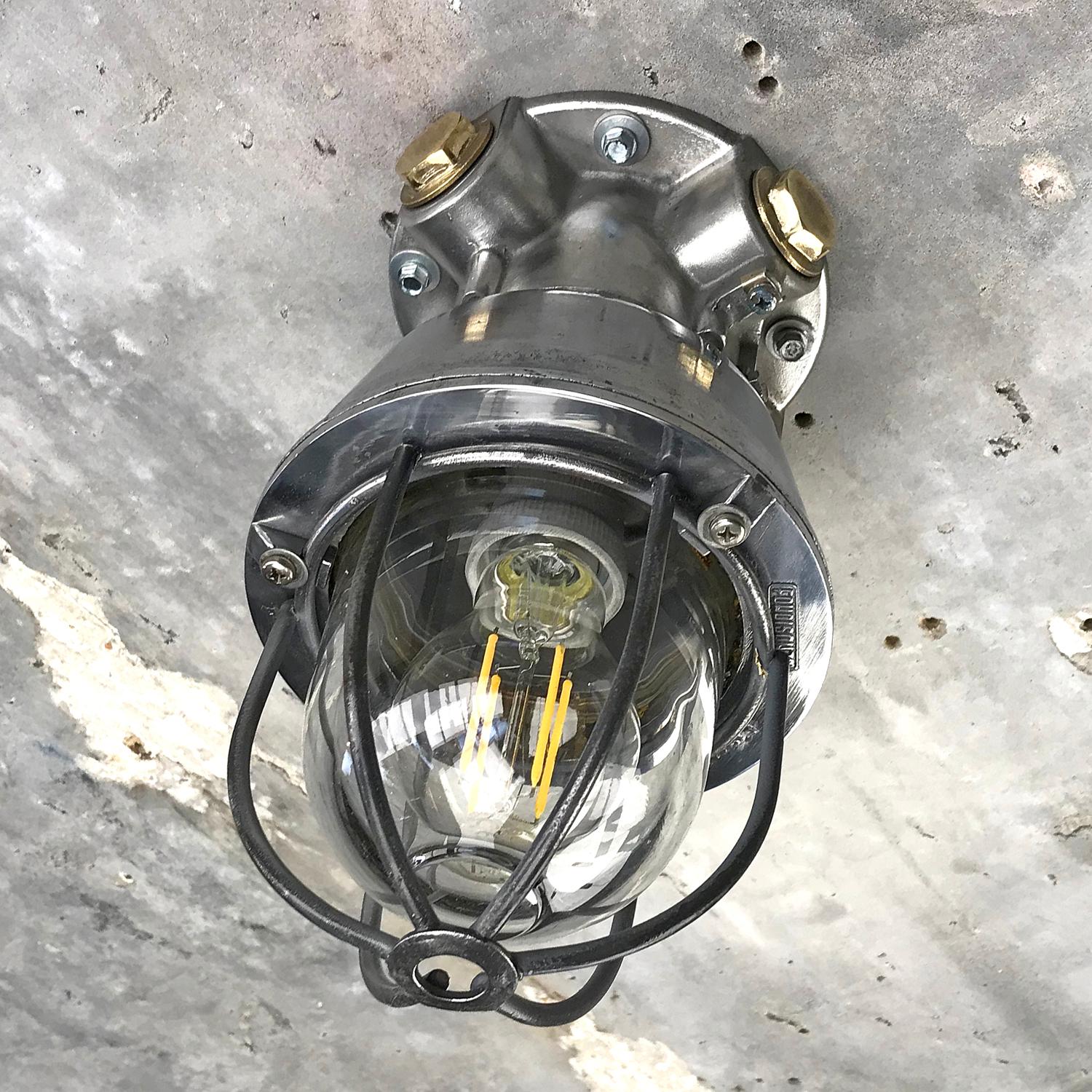 1970s Italian Cast Aluminium, Brass and Glass Explosion Proof Ceiling Light For Sale 7